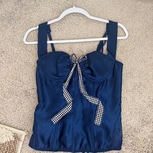 Frederick's of Hollywood Navy Blue Satin Top with Checkered Bow